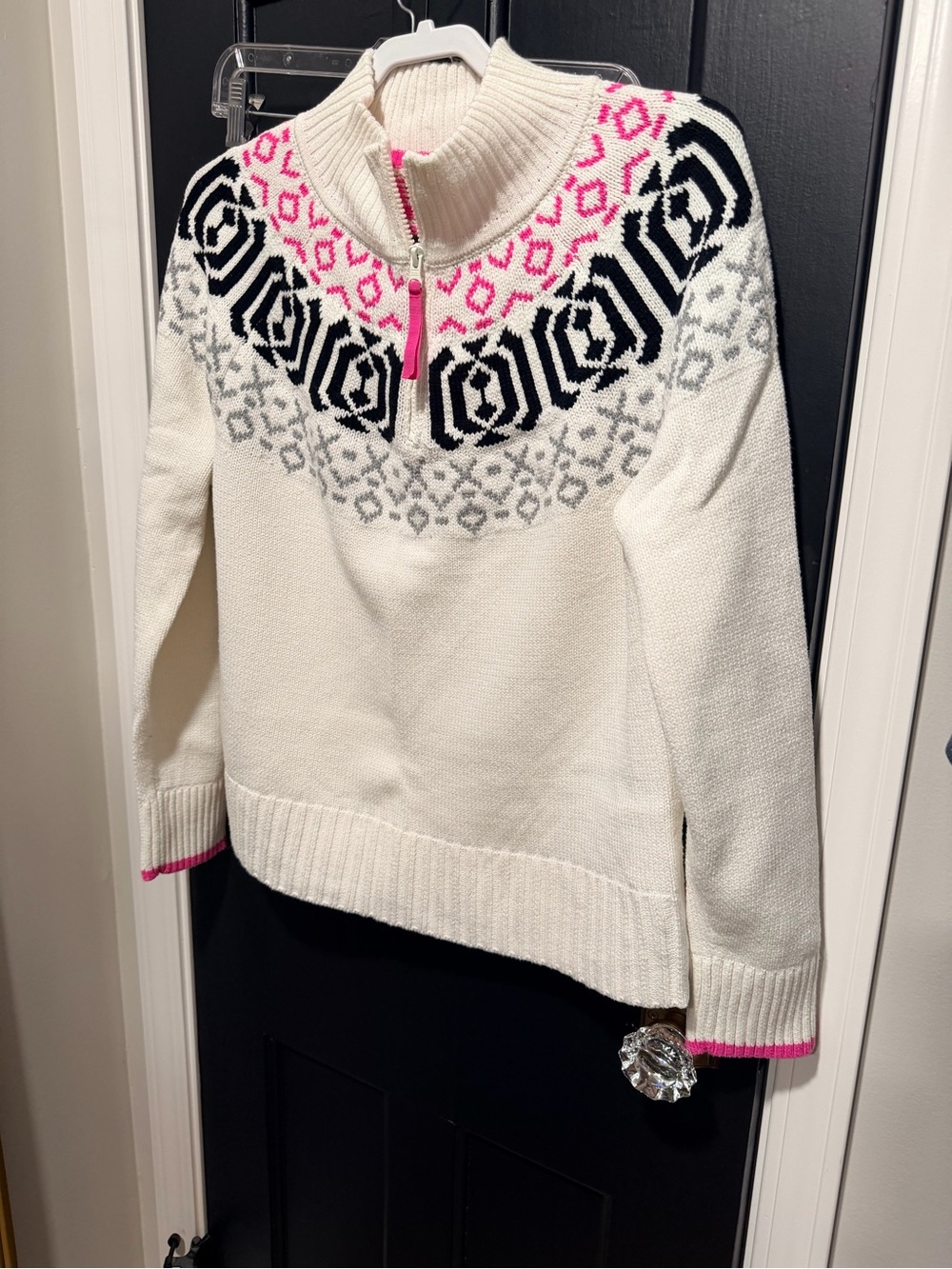 Talbots Cream Zip-Neck Sweater with Black and Pink Nordic Yoke